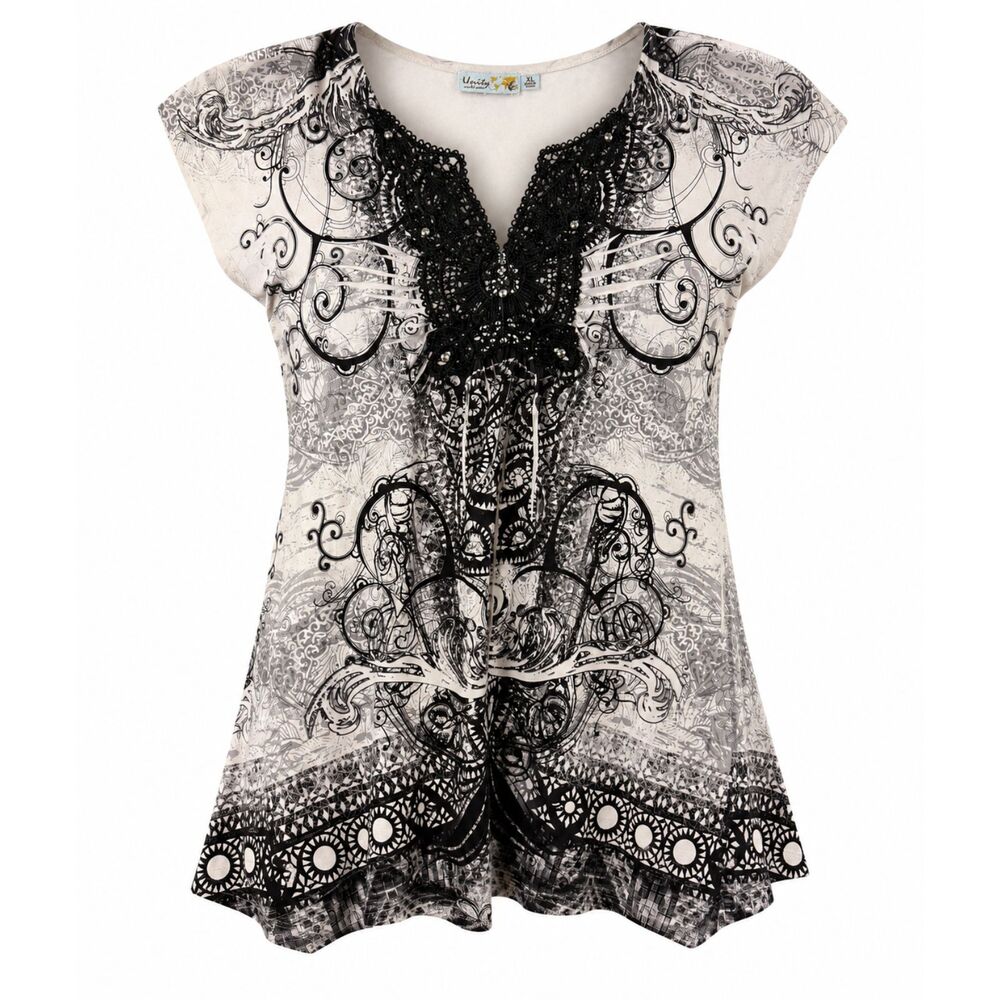 Unity World Wear XL Black White Lace Embellished Graphic Stretch Top
